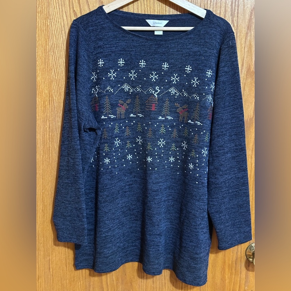 CJ Banks Women's Navy Blue long sleeve‎ embroidered s 1x with Festive Pattern